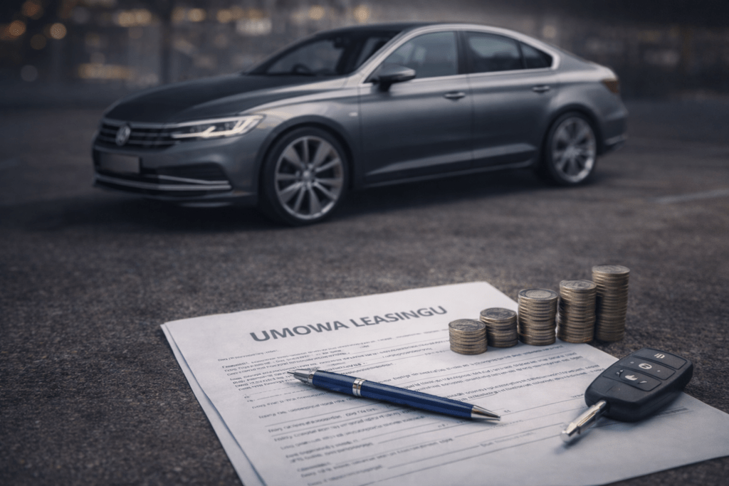 Leasing samochodu – podpisanie umowy leasingowej na auto. Dokument leasingowy, kluczyk do samochodu i kalkulacja finansowania pojazdu.