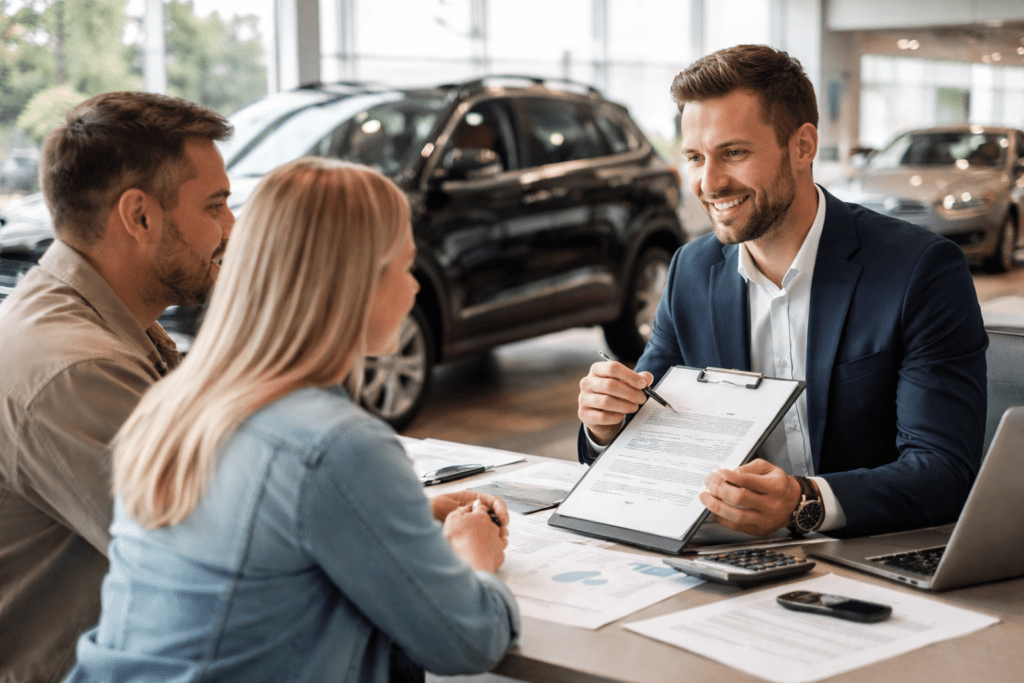 Finansowanie aut dla klientów z negatywnymi wpisami BIK i KRD – doradca finansowy omawia leasing samochodu z klientami