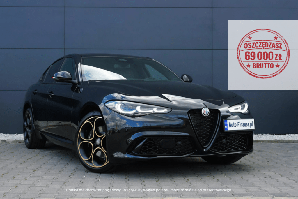 Alfa Romeo Giulia 2.0 Turbo TI Q4 280 KM 2025 czarna sportowa limuzyna dostępna w leasingu Auto-Finanse.pl